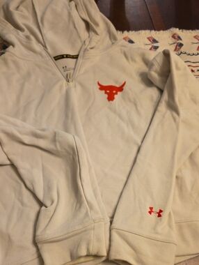 Under Armour Men’s Cream Crewneck Hoodie with Red Project Rock Logos